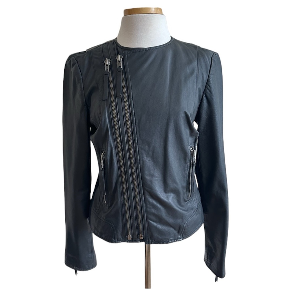 Joie Black Leather Short Round Neck Biker Asymmetric Zip Leather Jacket Sz Large